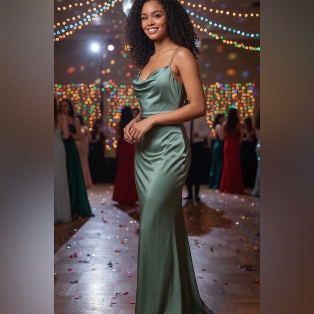 Vow’d Women’s Wedding Formal Prom Dress Sz 12 Sage Spaghetti Strap Elegant Cute!